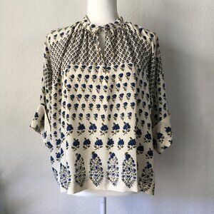 Ulla Johnson Womens Silk Floral 3/4 Sleeve Top Size 4 Blue/Cream Front Tie